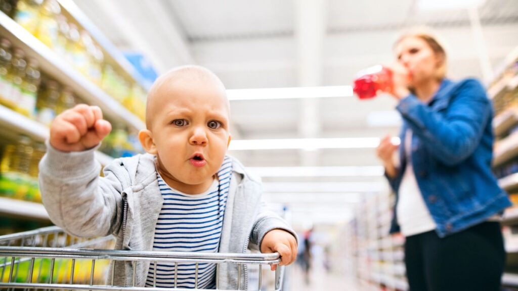 angry baby in grocery store cart