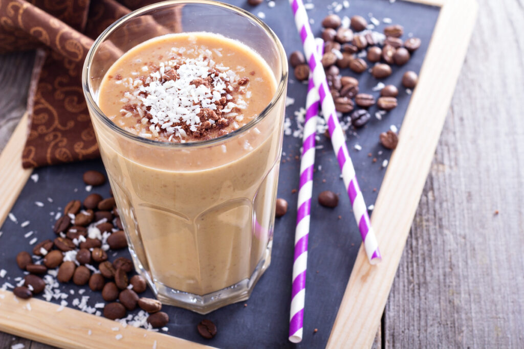 Coconut coffee chocolate smoothie on a chalk board