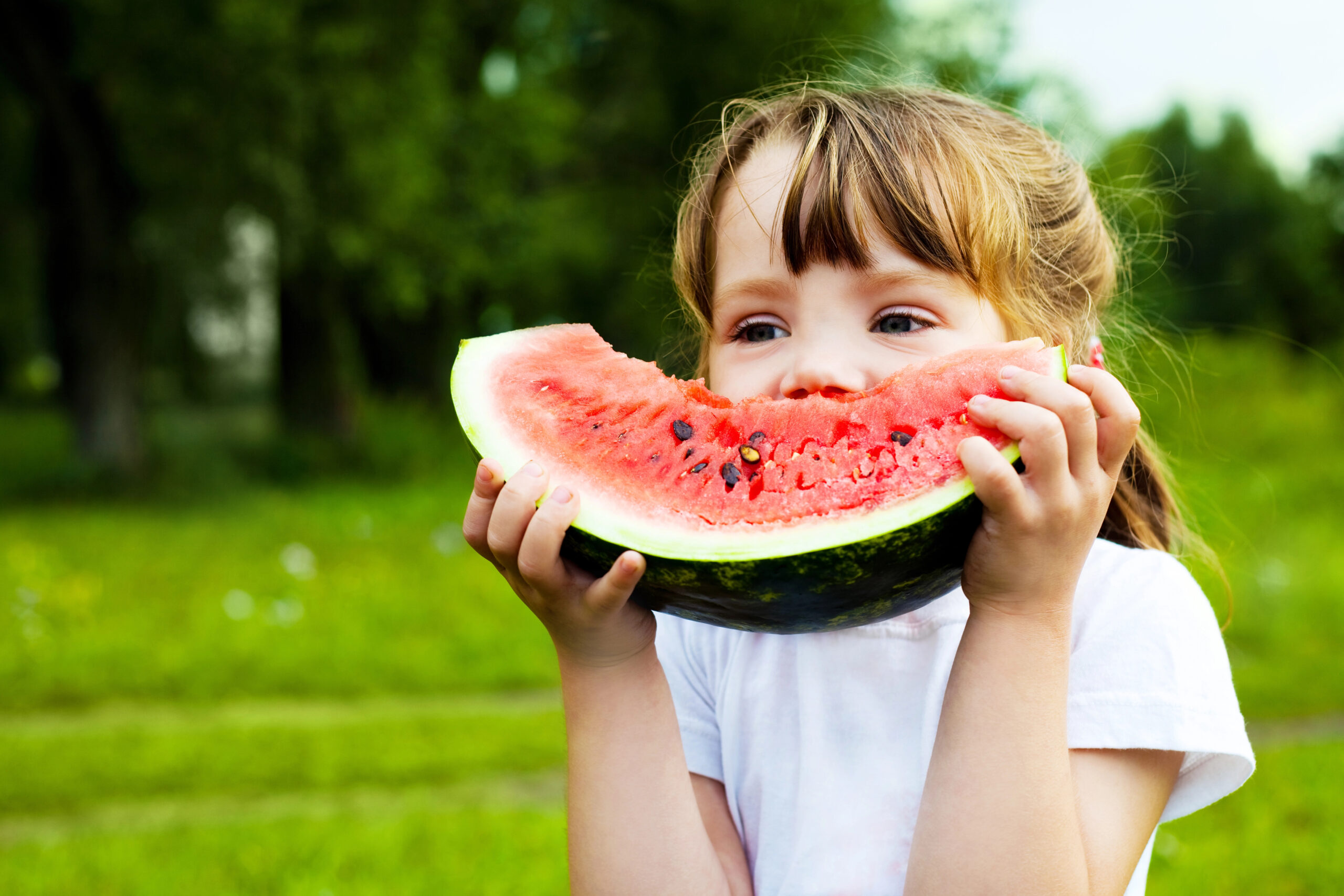 little girl holding watermelon by face