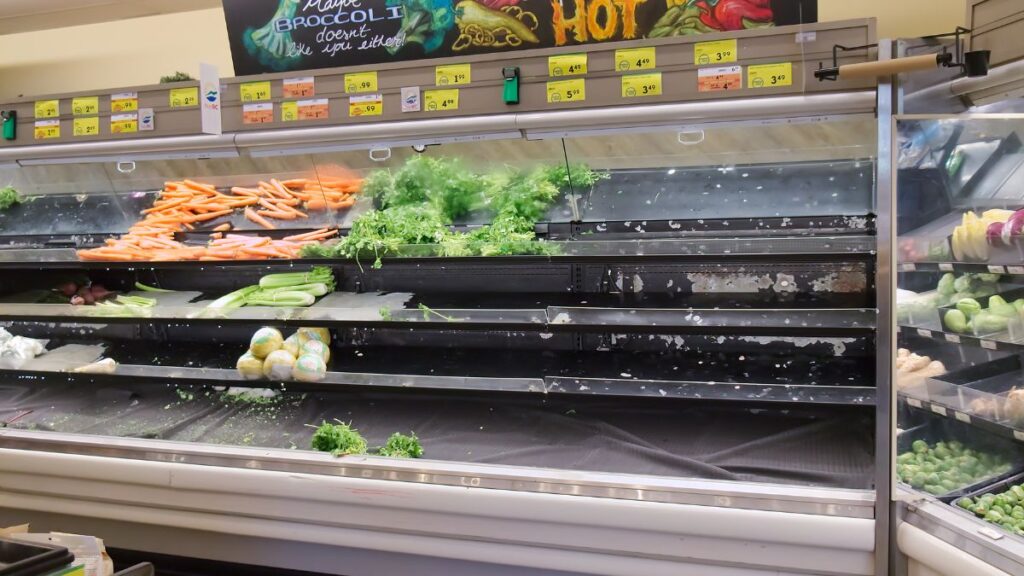 messy empty grocery store shelves