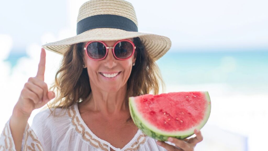 woman thinking with watermelon