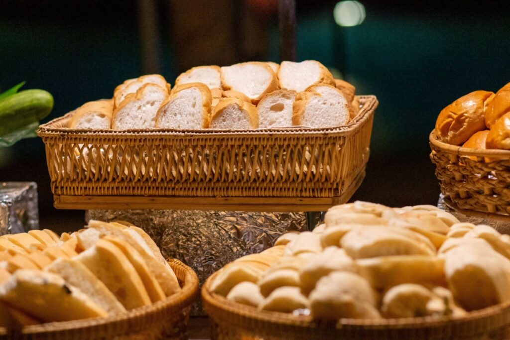 Assorted bread in wicker baskets