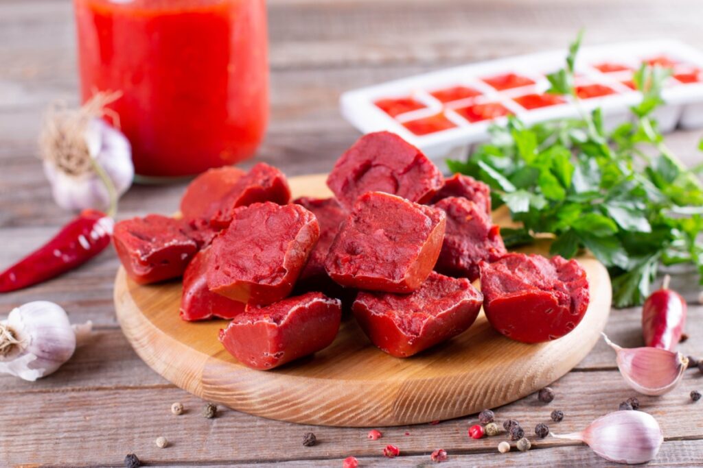 Frozen tomato paste on a cutting board