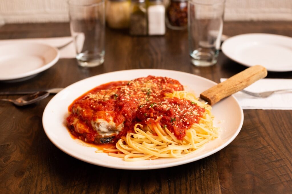 Italian Eggplant Parmesan with Side of Spaghetti 