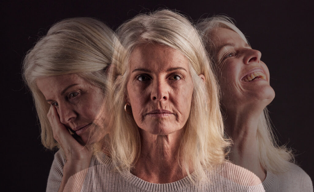 Senior woman, bipolar or mental health for depression, psychology or mood swings. Mature female, depressed or schizophrenia with identity crisis, trauma anxiety or problem with portrait, sad or smile.