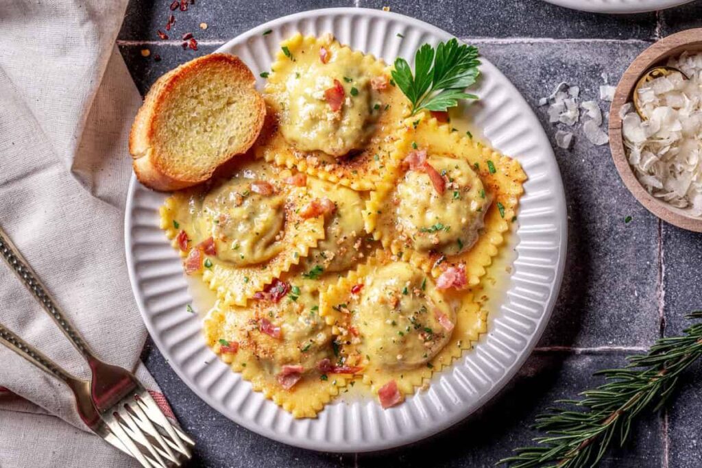 Mushroom Prosciutto Ravioli With Garlic Rosemary Brown Butter