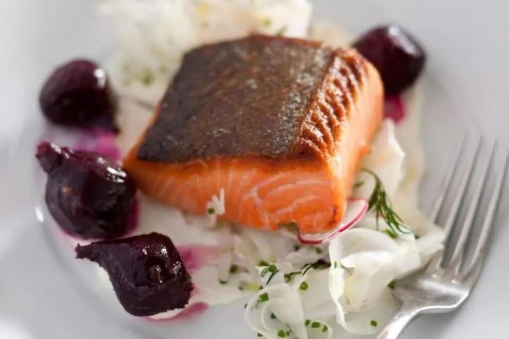 Pan Roast Salmon With Roasted Beetroot & Herbs