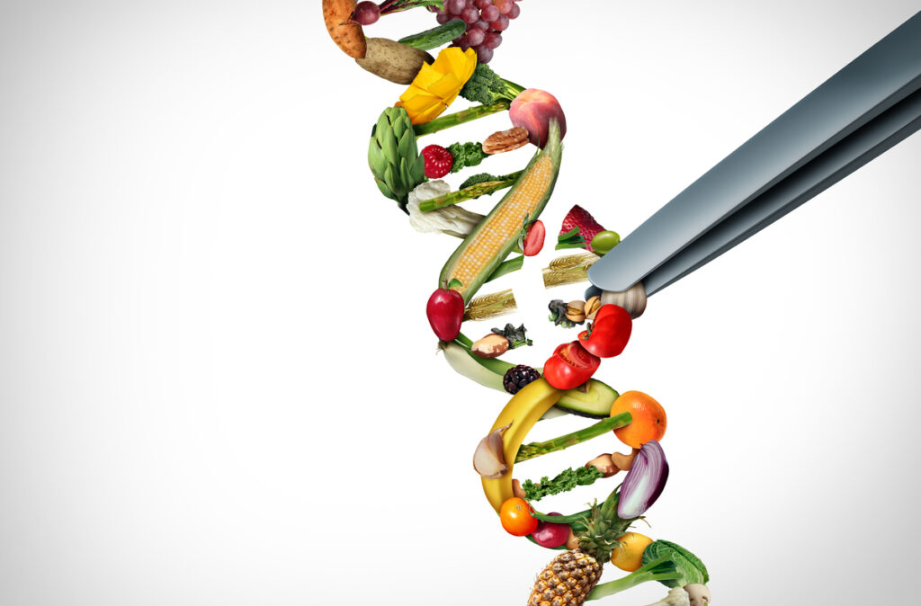 Agriculture gene editing and agricultural CRISPR concept or genetic engineering of food as a group of farm produce shaped as a DNA strand with 3D illustration elements.