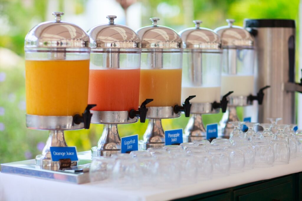 Row of fresh juice at buffet restaurant