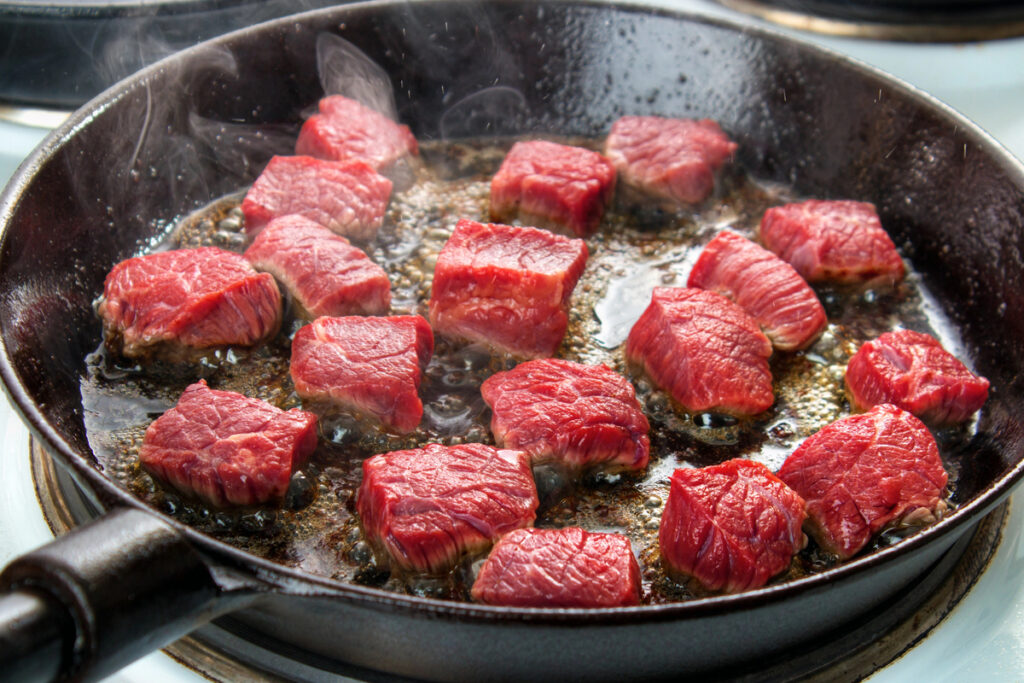 Searing beef bottom round roast cubes