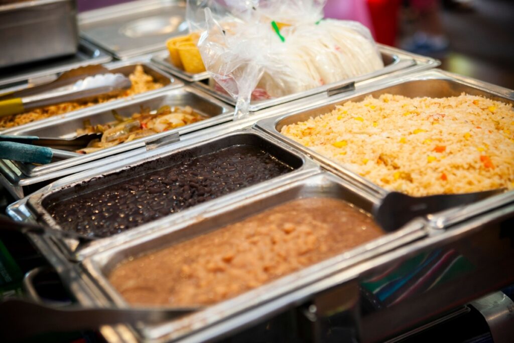 Taco stand food with beans and rice