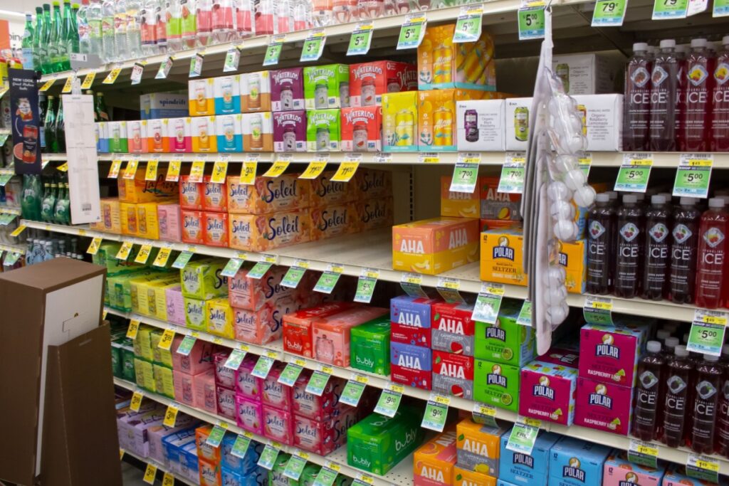 sparkling water brands on grocery shelf