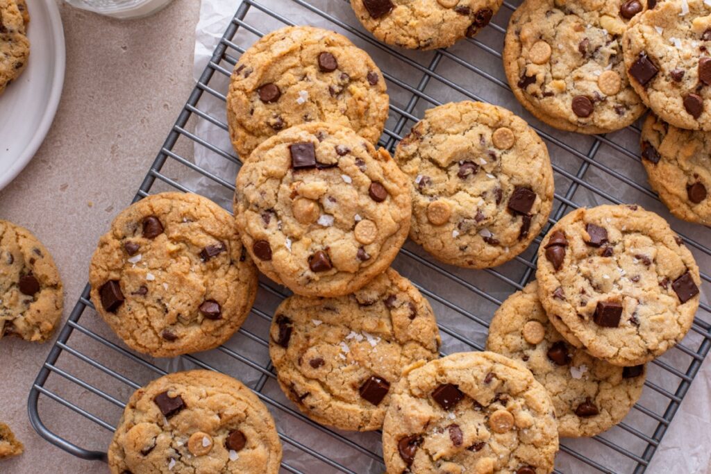 Chocolate chip cookies on a cooling rack dessert