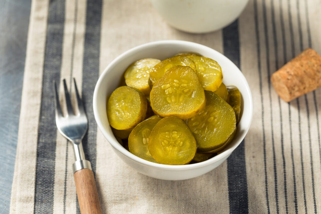 Organic Green Bread and Butter Pickle Chips in a Bowl