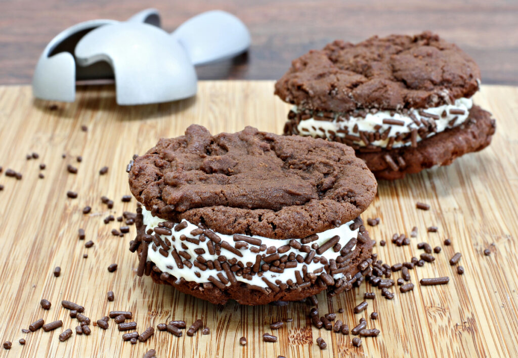 Homemade ice cream sandwiches with chocolate cookies, vanilla ice cream and nonpariels.