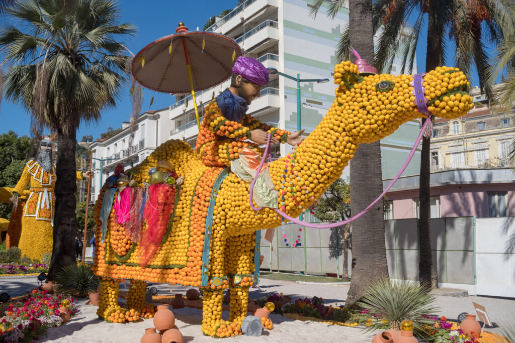 Menton, France – February 25, 2019: Giant sculpture made by lemons and oranges at Annual Menton Lemon Festival in French Riviera