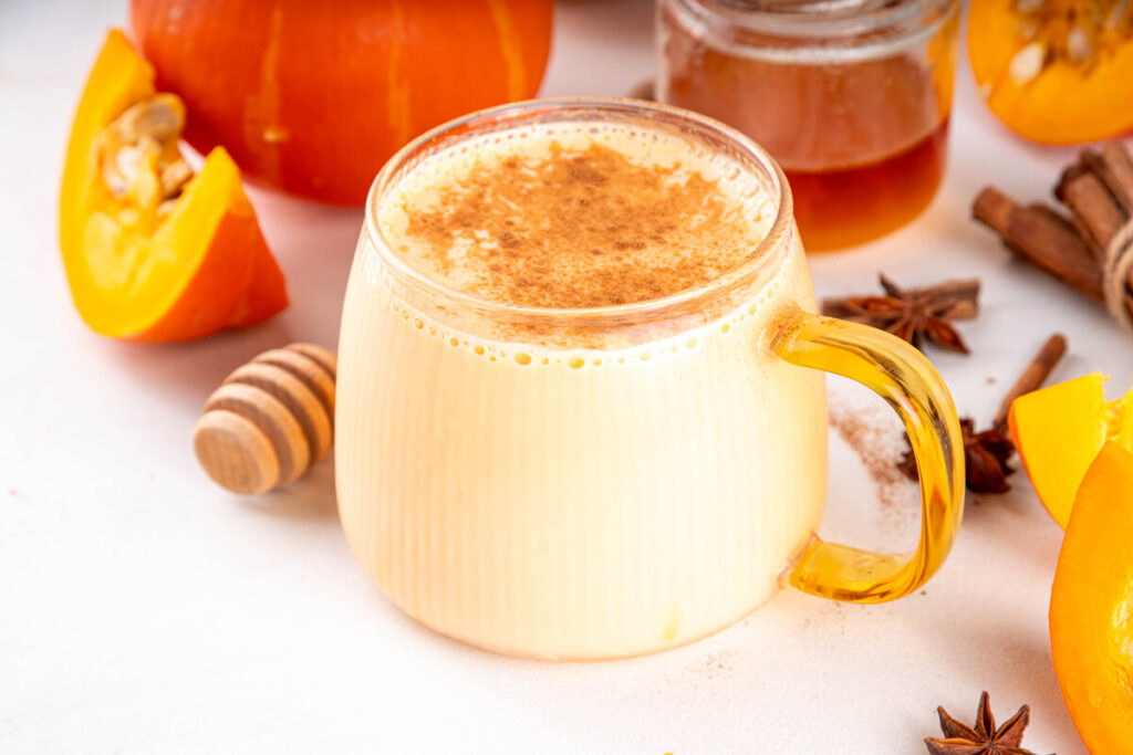 Sweet non caffeine pumpkin milk, dessert healthy drink, pumpkin latte alternative without coffee