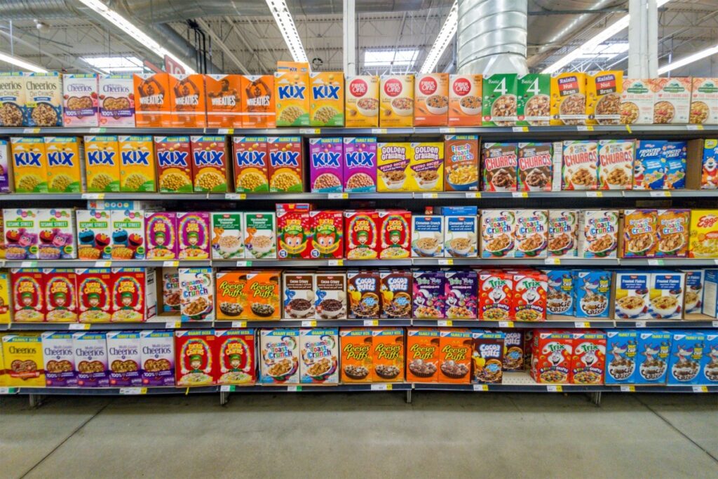 breakfast cereal in a grocery store aisle