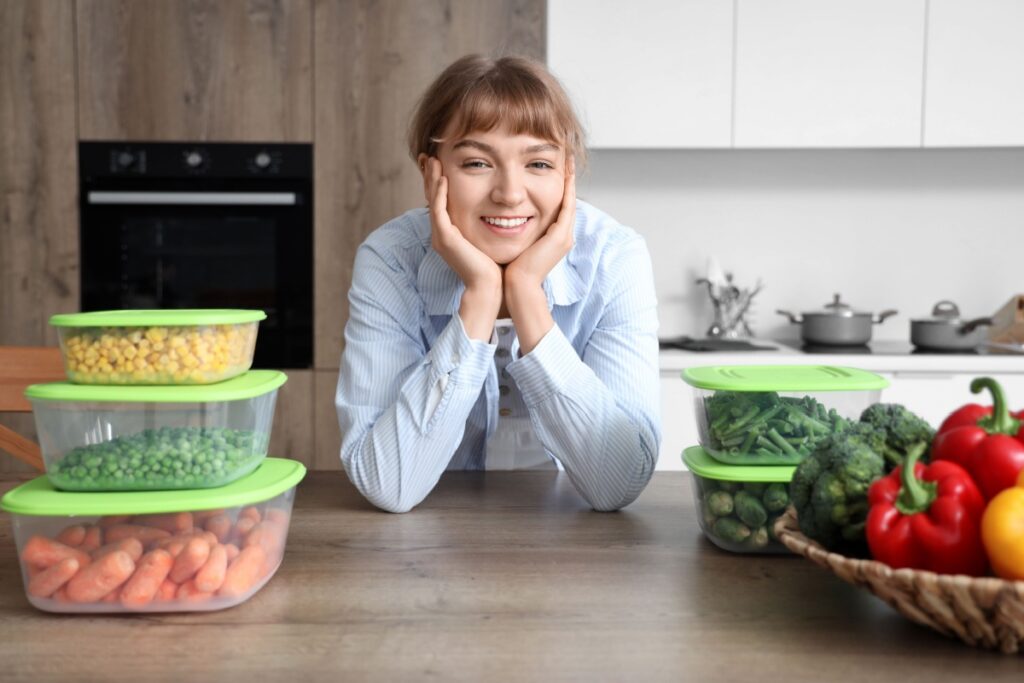 woman and containers with frozen vegetables at table